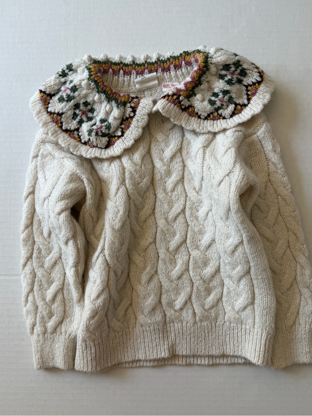 Zara Girls 4-5Y Cream Cable Knit Fair Isle Ruffle Collar Sweater